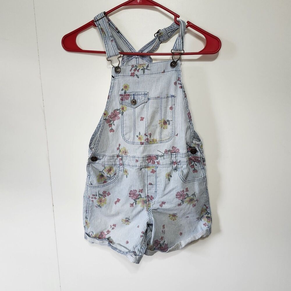 OshKosh B’Gosh Kids Floral Hickory Stripe Shortalls Blue White Overalls Size 10